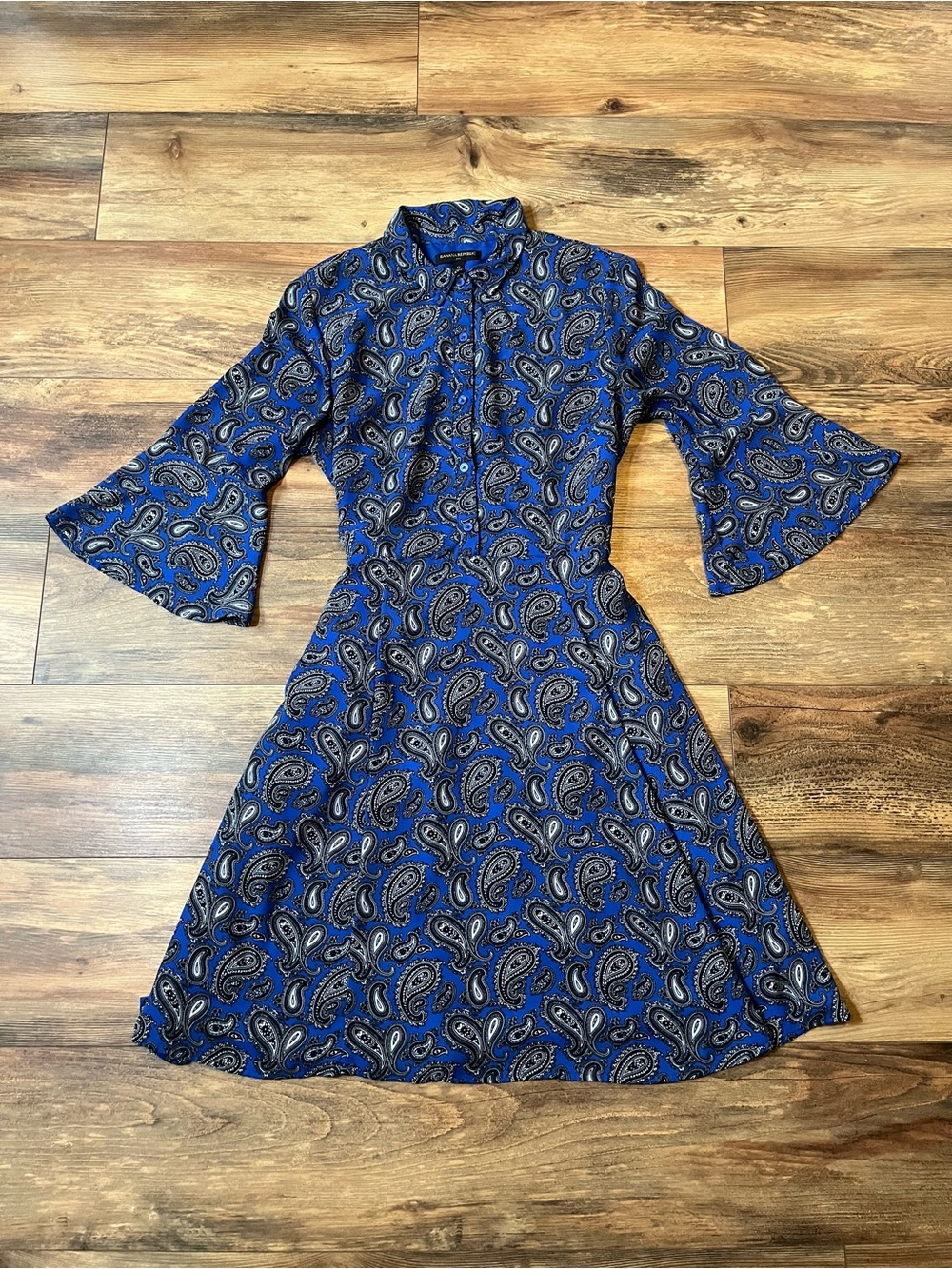 Blue Paisley Fit-and-Flare Dress with Bell Sleeves